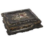 A Victorian papier mache and mother-of-pearl decorated writing slope, W34cm The lid has become