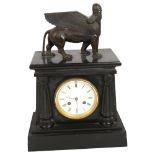 An Egyptian Revival black slate mantel clock, 8-day bell striking movement, white enamel dial,