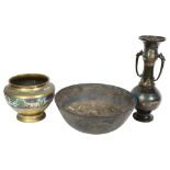 A Chinese bronze and enamel vase, 30cm, brass and enamel bowl and a bronze bowl