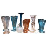 A group of 1930s and other moulded glass vases, blue Art glass vase, height 25cm, cut-crystal