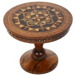 A miniature rosewood Tunbridge Ware and specimen wood centre table, with metal studded decorated
