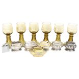 A set of 6 German green glass rummers with inscriptions, height 14.5cm, 6 table lighters and a