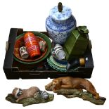 Bosson animal ornaments, Oriental blue and white lamp, green Majolica plates, Studio vase etc