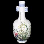 A Chinese famille rose porcelain arrow bottle vase, hand painted and enamelled decoration, with