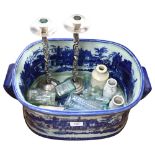 A reproduction transfer printed 2-handled blue and white foot-bath, L45cm overall, Vintage