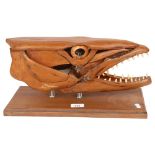 Clive Fredriksson, a mahogany barracuda skull carving on stand, L41cm