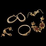 A pair of 9ct hoop design earrings, 3 pairs of 9ct gold and stone set earrings, and a 9ct gold and