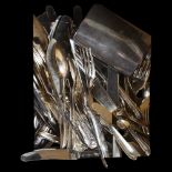 A collection of silver plated and other cutlery, hip flask etc (boxful)