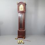 A modern mahogany cased longcase clock, with 11" brass arch top dial inscribed "Tempus Fugit",