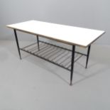 J W G PAYNE - a mid-century black painted brass coffee table with white formica top, with maker's