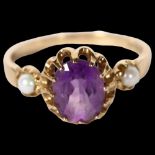 A 9ct gold amethyst and pearl set dress ring, size Q