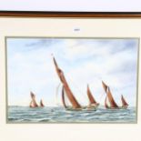 Alan Everard, watercolour, racing on the estuary, "Thomas sailing barges", 56cm x 73cm overall,
