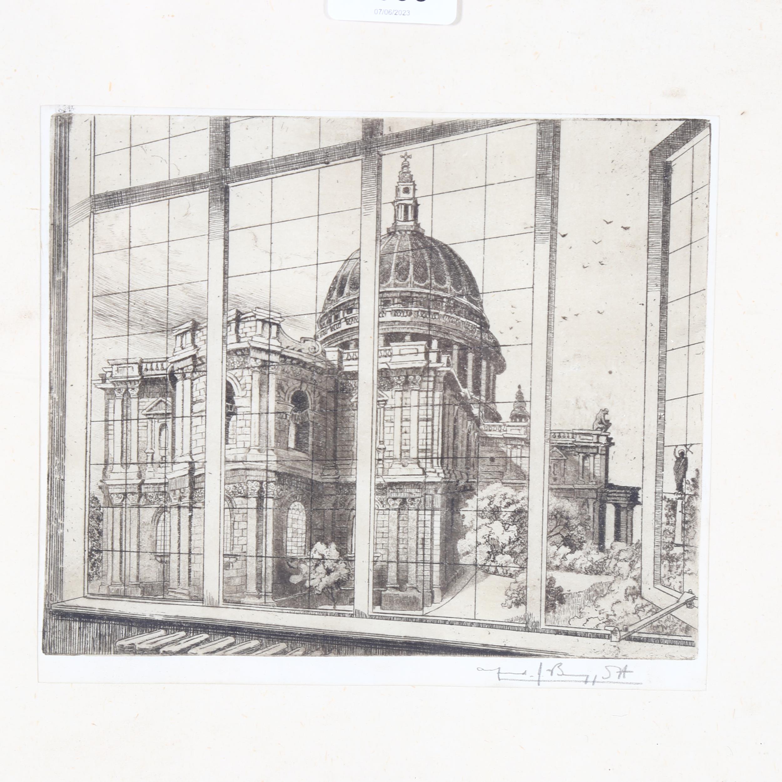 A 19th century monochrome engraving, view towards St Paul's Cathedral, indistinctly signed in