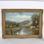 A Harland, oil on canvas, swans of the river, image 50cm x 74cm, 65cm x 90cm overall, gilt-framed