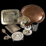 A quantity of silver plated ware, to include a tankard, toast rack, serving trays etc (boxful)