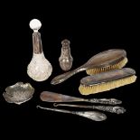 2 silver-backed dressing table brushes, a cut-glass scent bottle with silver collar, a silver-