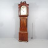 A 19th century flame mahogany and satinwood strung 8-day longcase clock, having a hand painted 14"