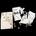 A collection of various modern silver stone set earrings, tie pin and a silver and pearl set pendant