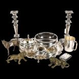 A silver plated salver, pair of candlesticks, a table bowl, a silver cigarette case etc