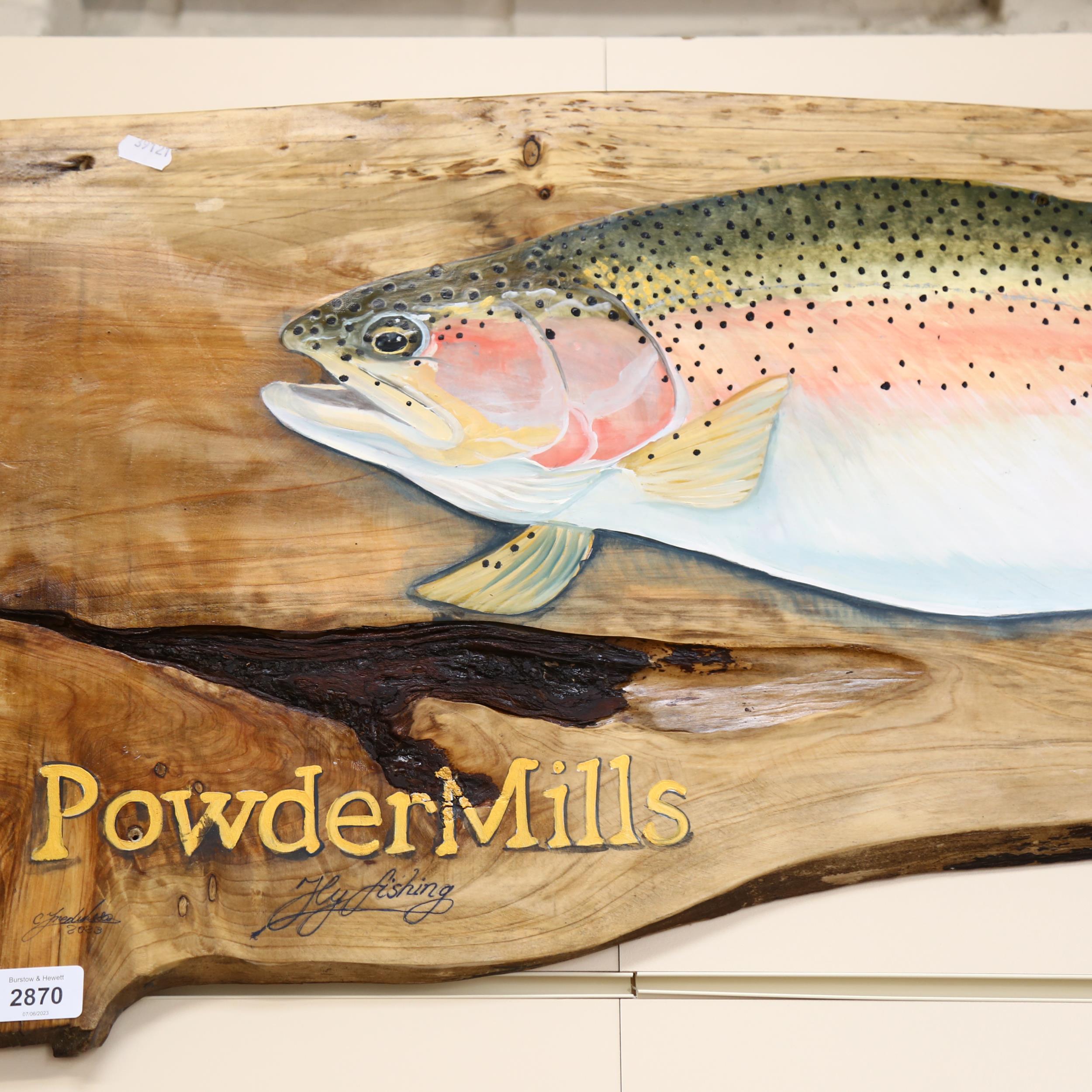 Clive Fredriksson, oil on pine board, "Powdermills trout", L100cm - Image 2 of 2