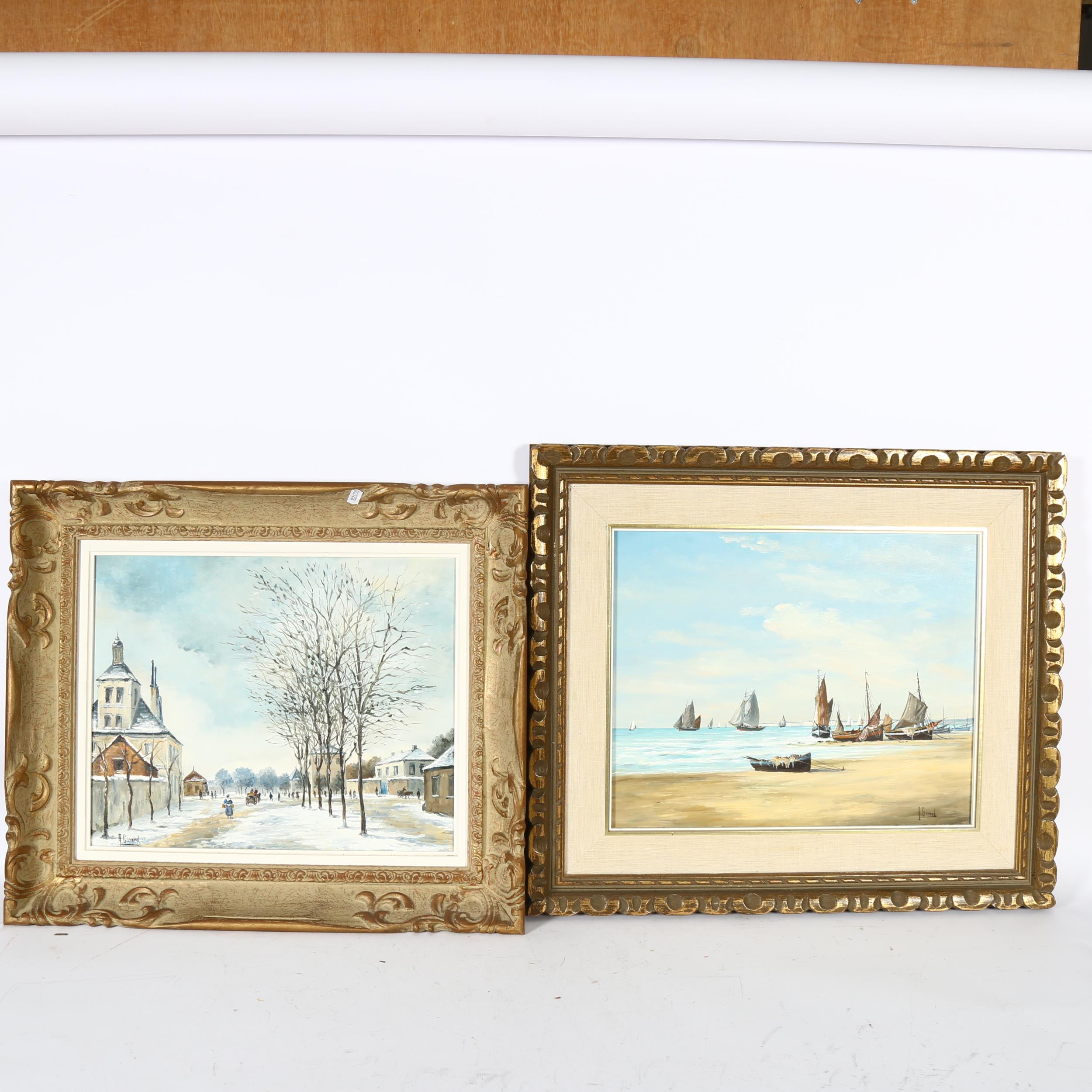 A Girard, 2 oils on canvas, snow swept street scene, and beached fishing boats, both with
