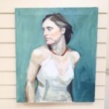 Clive Fredriksson, oil on canvas, portrait girl in a white dress, 65cm x 55cm overall, unframed