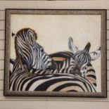 Clive Fredriksson, oil on board, study of zebras, 86cm x 100cm overall, framed