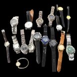 A box of various fashion wristwatches, including Bi Den, Equss, Emporio Armani, Ricardo etc, all
