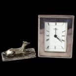 R CARR - a silver-fronted quartz mantel clock, and a silver plated Greyhound design paperweight