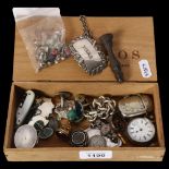 A group of silver and other items, including an open link bracelet, Continental silver fob watch,