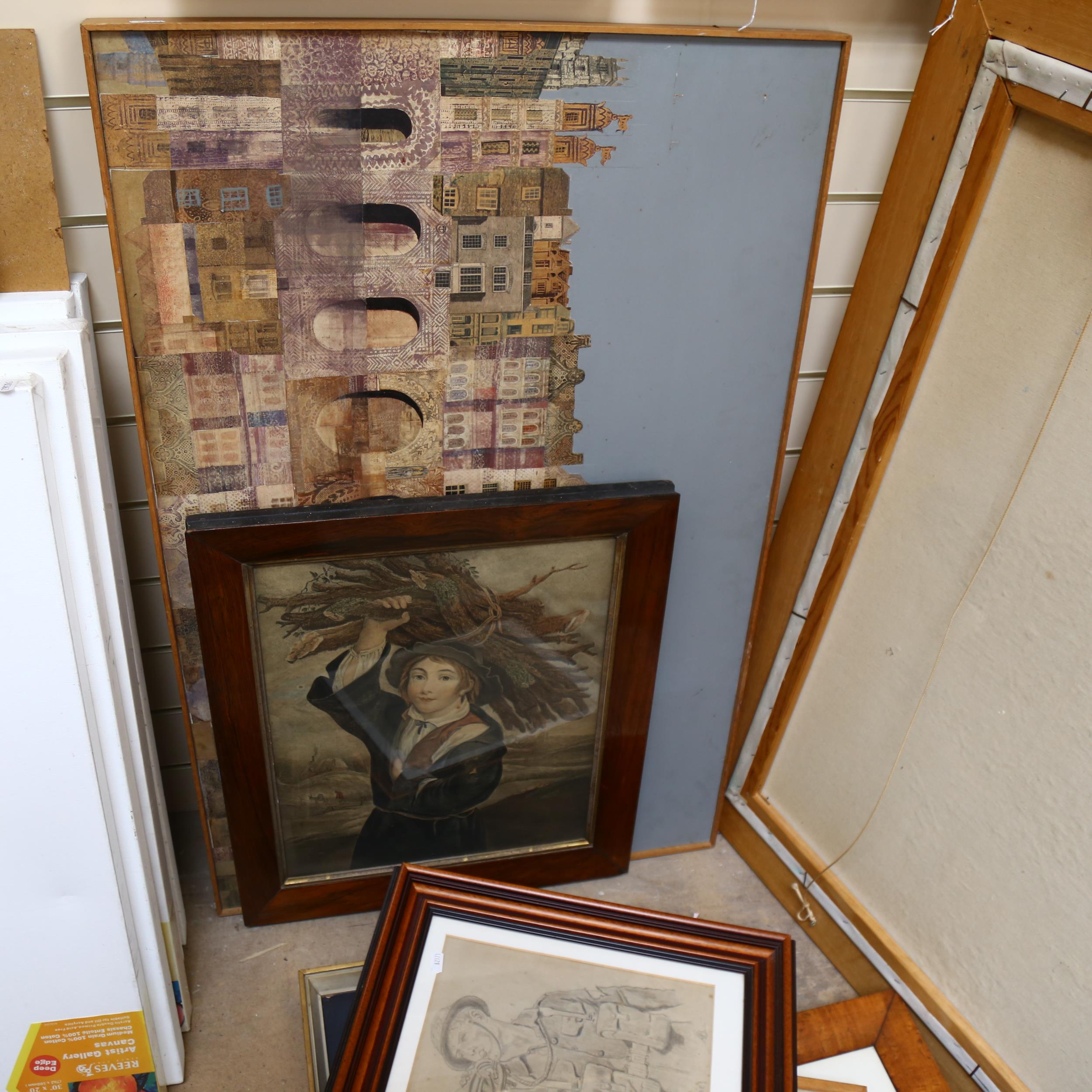 20th century collage, house reflections, and Antique coloured engraving, the wood boy by Thomas - Image 2 of 2