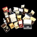 Various cased cufflinks, wristwatch, a cased set of studs retailed by Harrods etc (boxful)