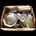 Silver plated teaware, entree dish, cased cutlery, cruet sets etc