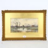 Robert Winchester Fraser, river scene, Moulsey, watercolour, signed, 18cm x 35cm, framed Some