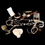 Various marcasite brooches and ring, a gilt-metal lipstick holder, wristwatches, pearl necklaces etc