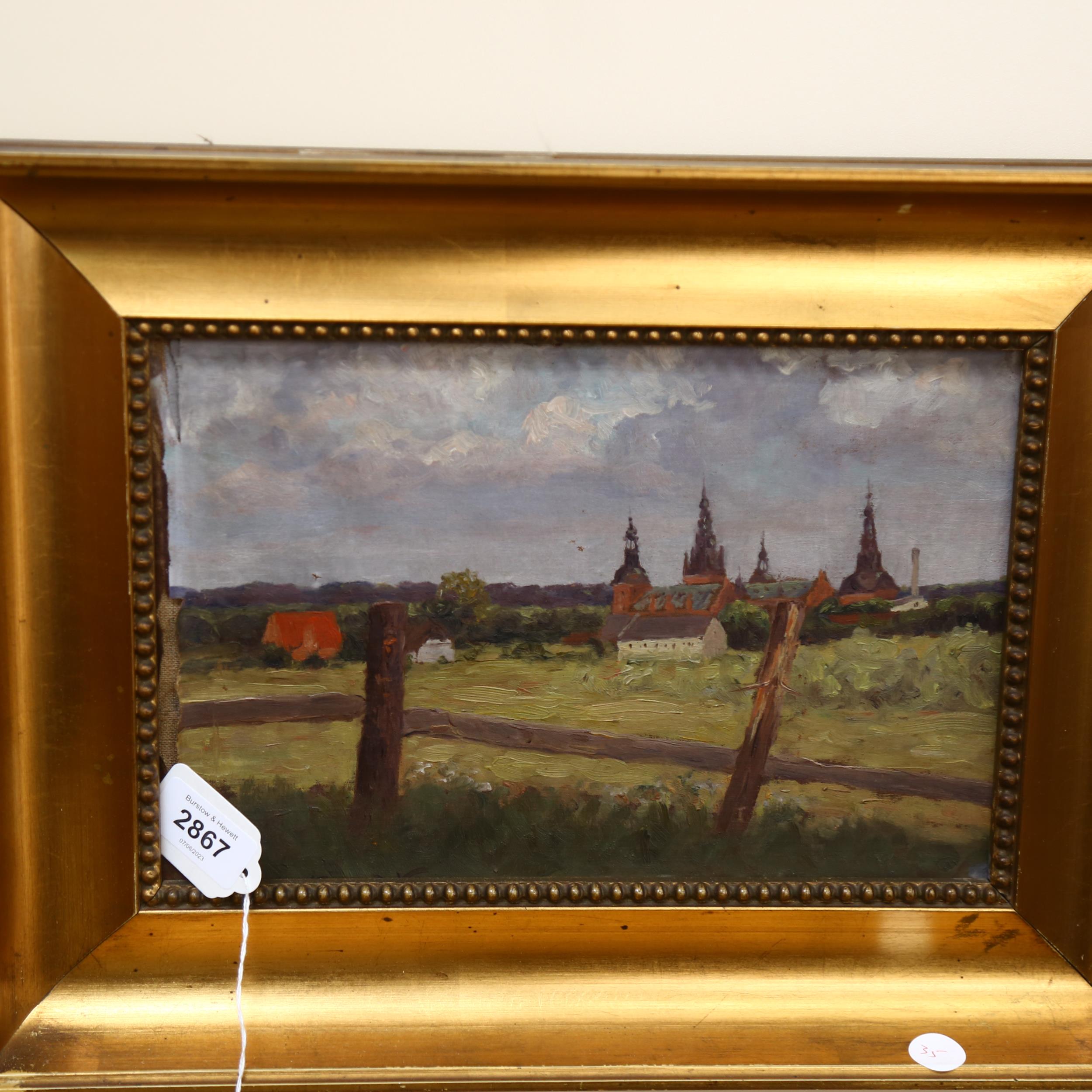 A pair oils on canvas, panoramic countryside views, largest 30cm x 40cm, gilt-framed - Image 2 of 2