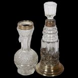 A glass scent bottle, mounted in ornate 925 marked silver stand with silver collar, H14cm, and a