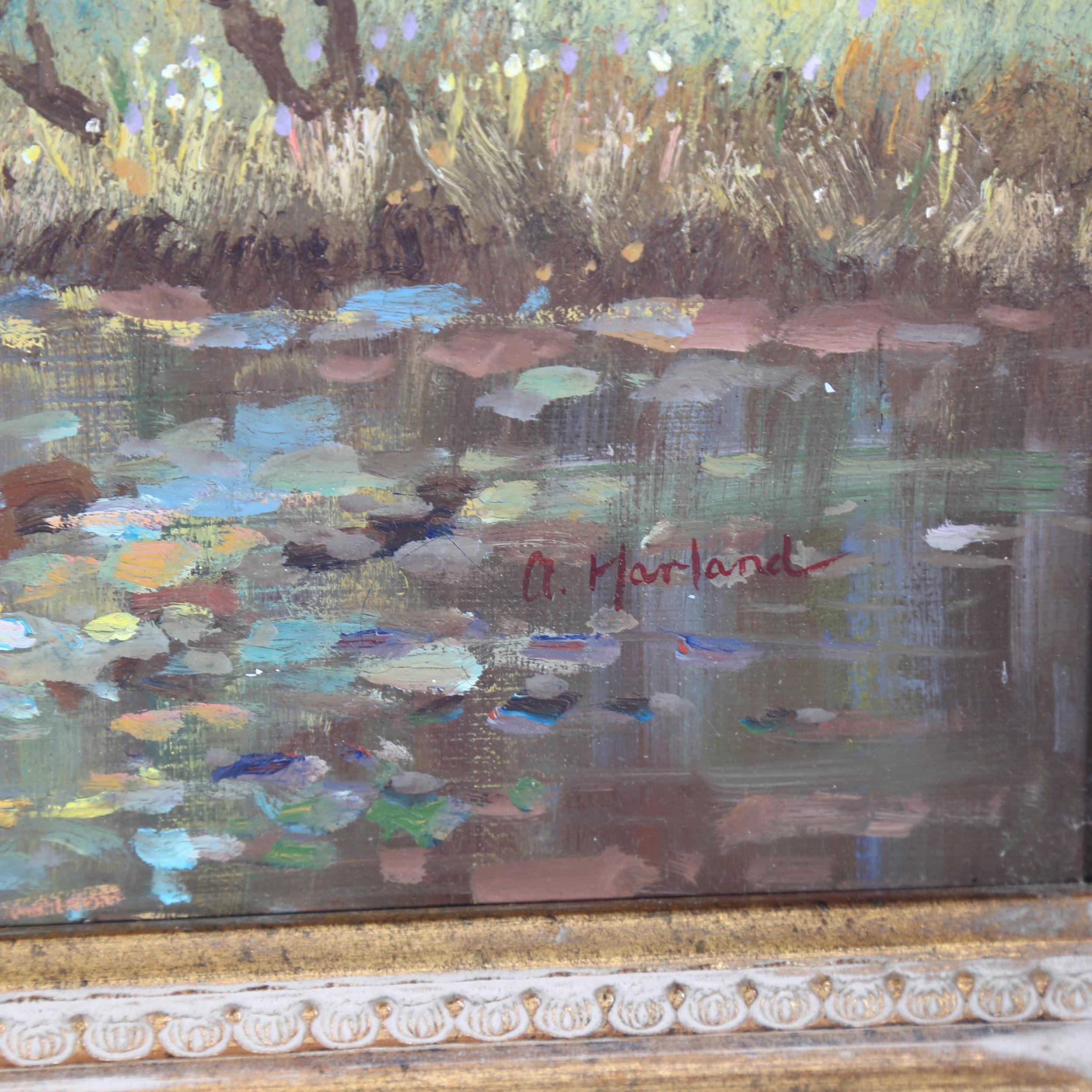 A Harland, oil on canvas, swans of the river, image 50cm x 74cm, 65cm x 90cm overall, gilt-framed - Image 2 of 2