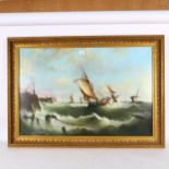 Max Brandrett, oil on canvas, French fishing boats off the coast in rough seas, 76cm x 106cm