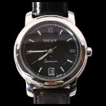 DKNY - a mid-size chrome plated DKNY automatic wristwatch, leather strap, and visible movement to