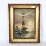 Oil on canvas, illuminated lighthouse study, 48cm x 39cm, overall, gilt-gesso framed, unsigned