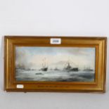 An overpainted colour print on board, review of the home fleet 1907, 20cm x 38cm overall, framed