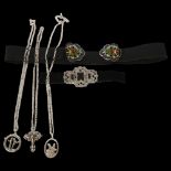 3 silver necklaces and pendants, a Vintage enamelled nurse's buckle, and an Art Deco buckle