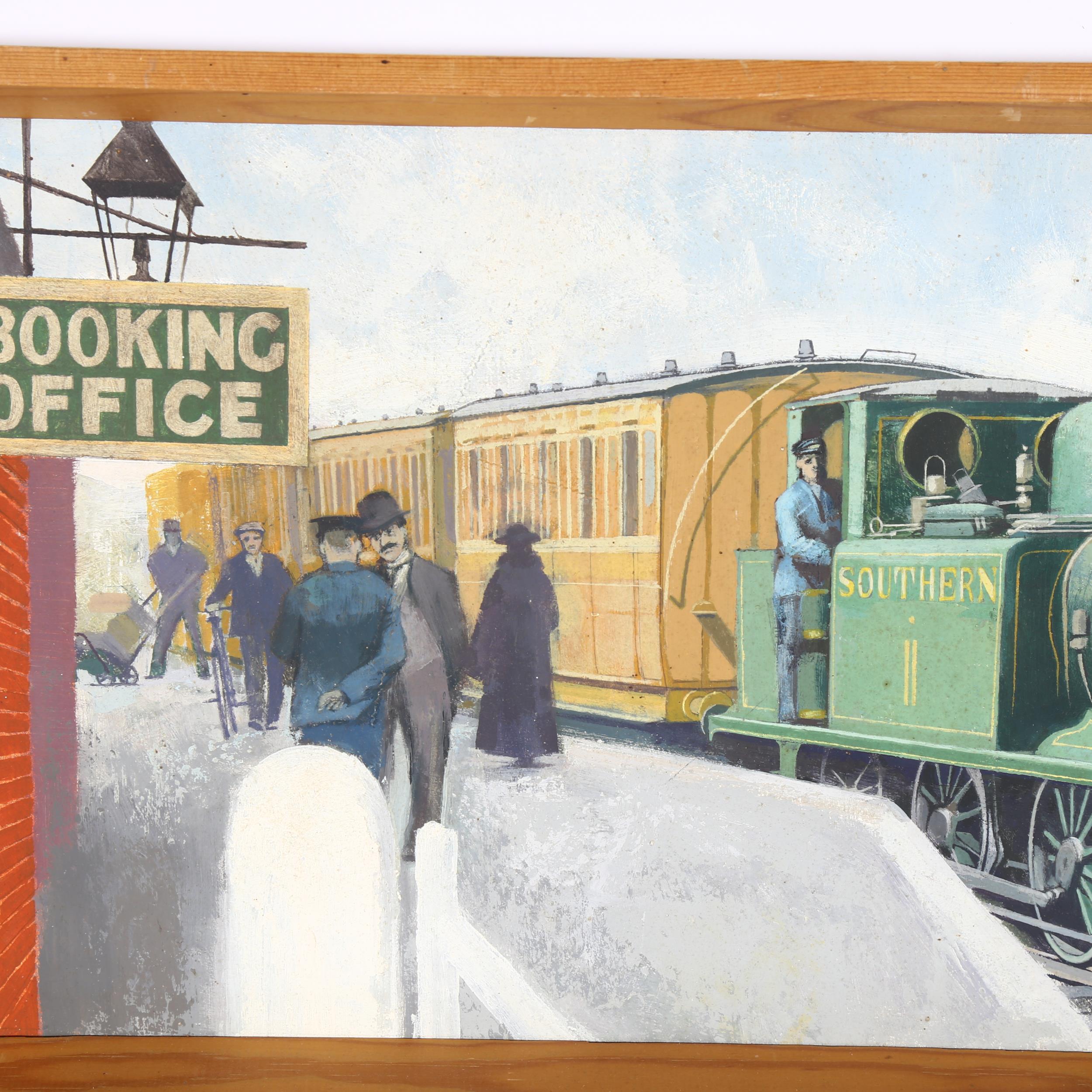 Oil on board, train study, Southern II outside the booking office, 32cm x 76cm overall, pine framed - Image 2 of 2