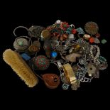 A box of silver and other Vintage costume jewellery, including Ethnic, a silver-backed clothes brush