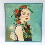 Clive Fredriksson, oil on canvas, girl with flowers in her hair, 61cm x 57cm, framed