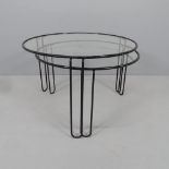 A set of two 1980s Modernist Belgian nesting coffee tables with glass top and metal frame. Largest