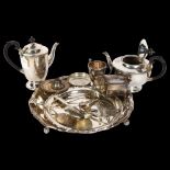 A matching silver plated teapot and coffee pot, a silver plate on copper inkwell with lion mask ring