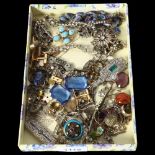 A tray of assorted costume jewellery, including silver, Art Deco brooches etc