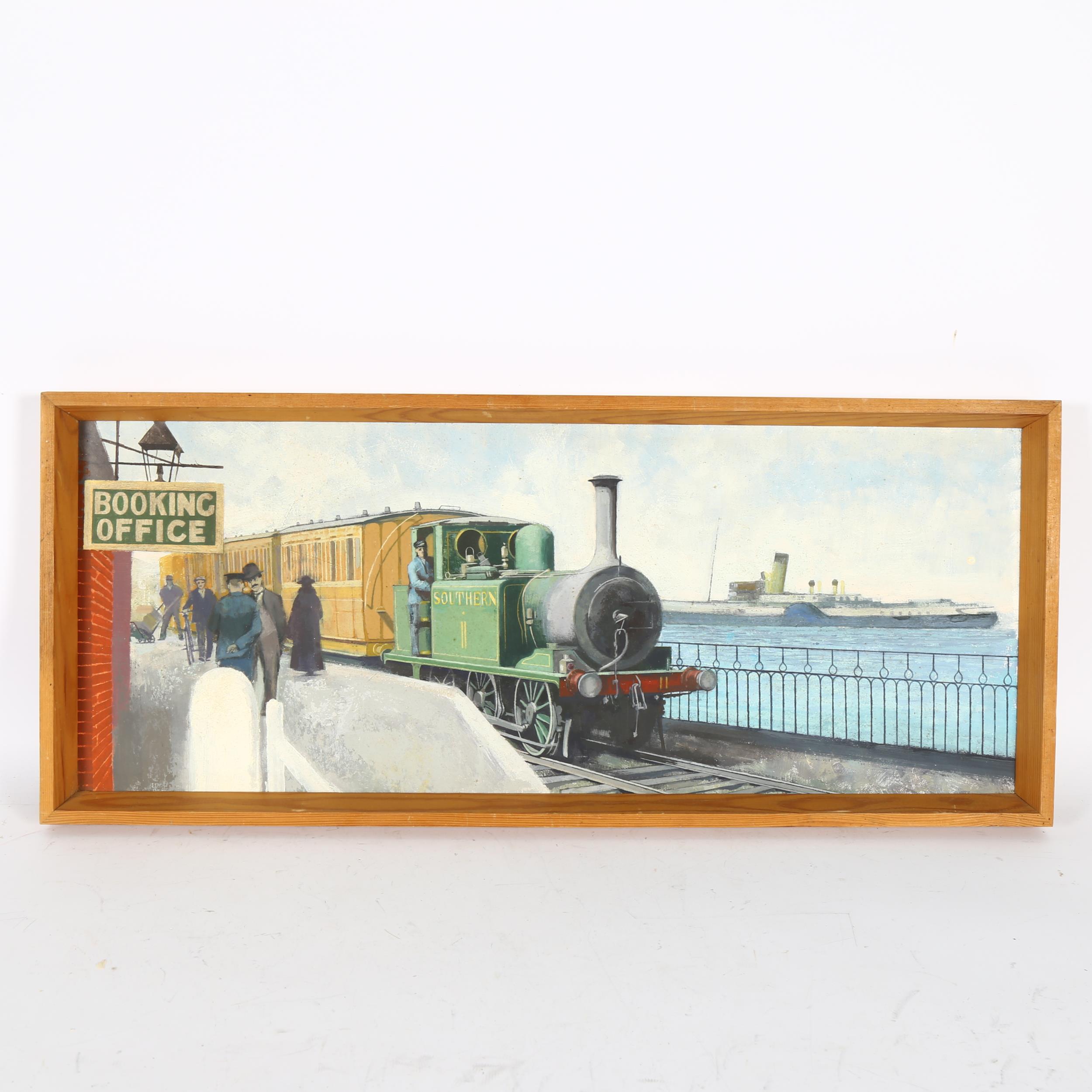 Oil on board, train study, Southern II outside the booking office, 32cm x 76cm overall, pine framed